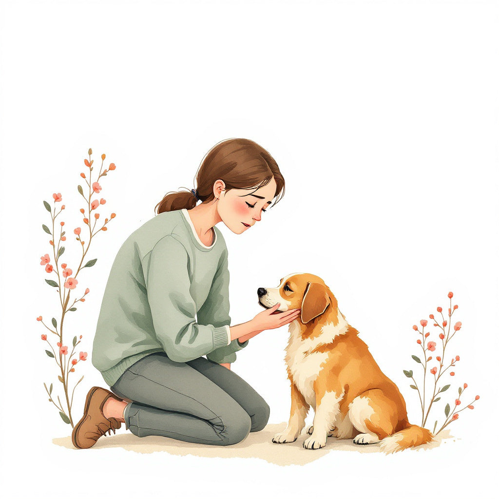 Botanical watercolor illustration of a worried owner checking on their dog