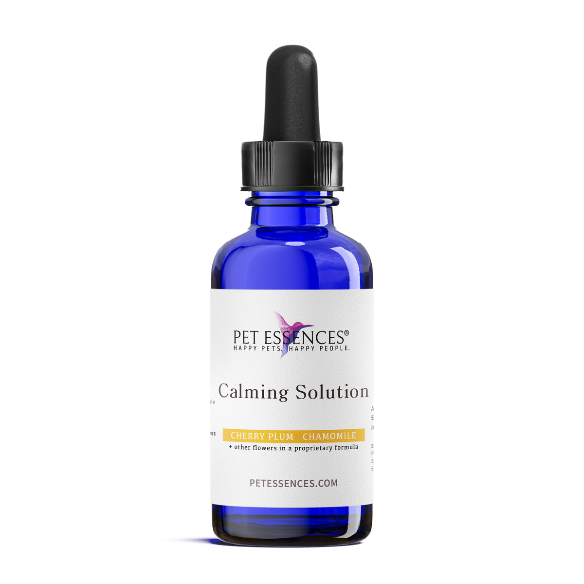 Pet Essences Calming Solution Formula, flower essence bottle for dogs and cats, front label
