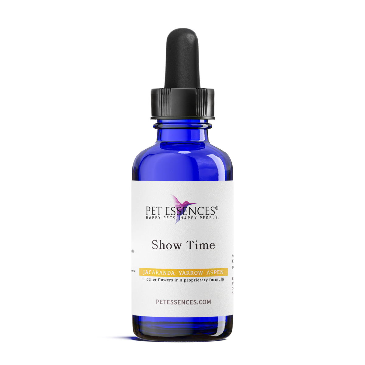 Pet Essences Show Time Formula, flower essence bottle for dogs and cats, front label