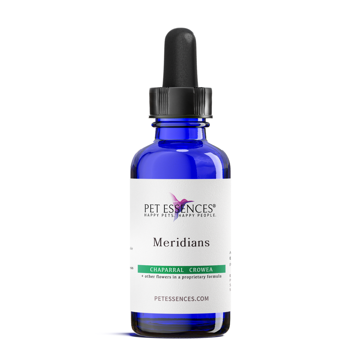 Pet Essences Meridians Formula, flower essence bottle for dogs and cats, front label