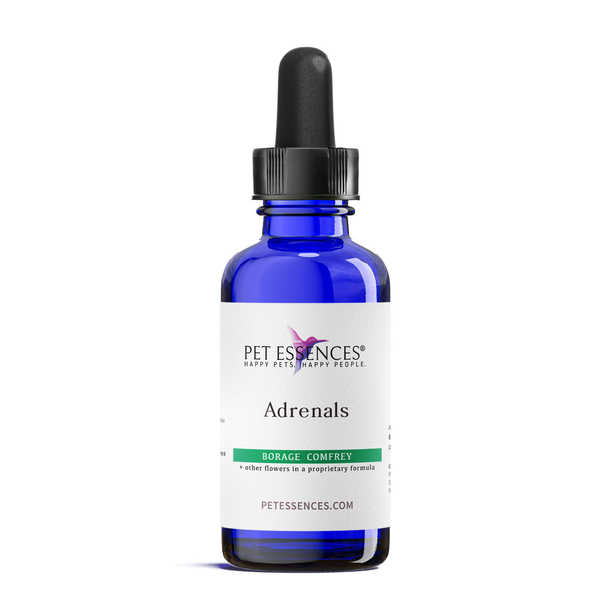 Pet Essences Adrenals Formula, flower essence bottle for dogs and cats, front label