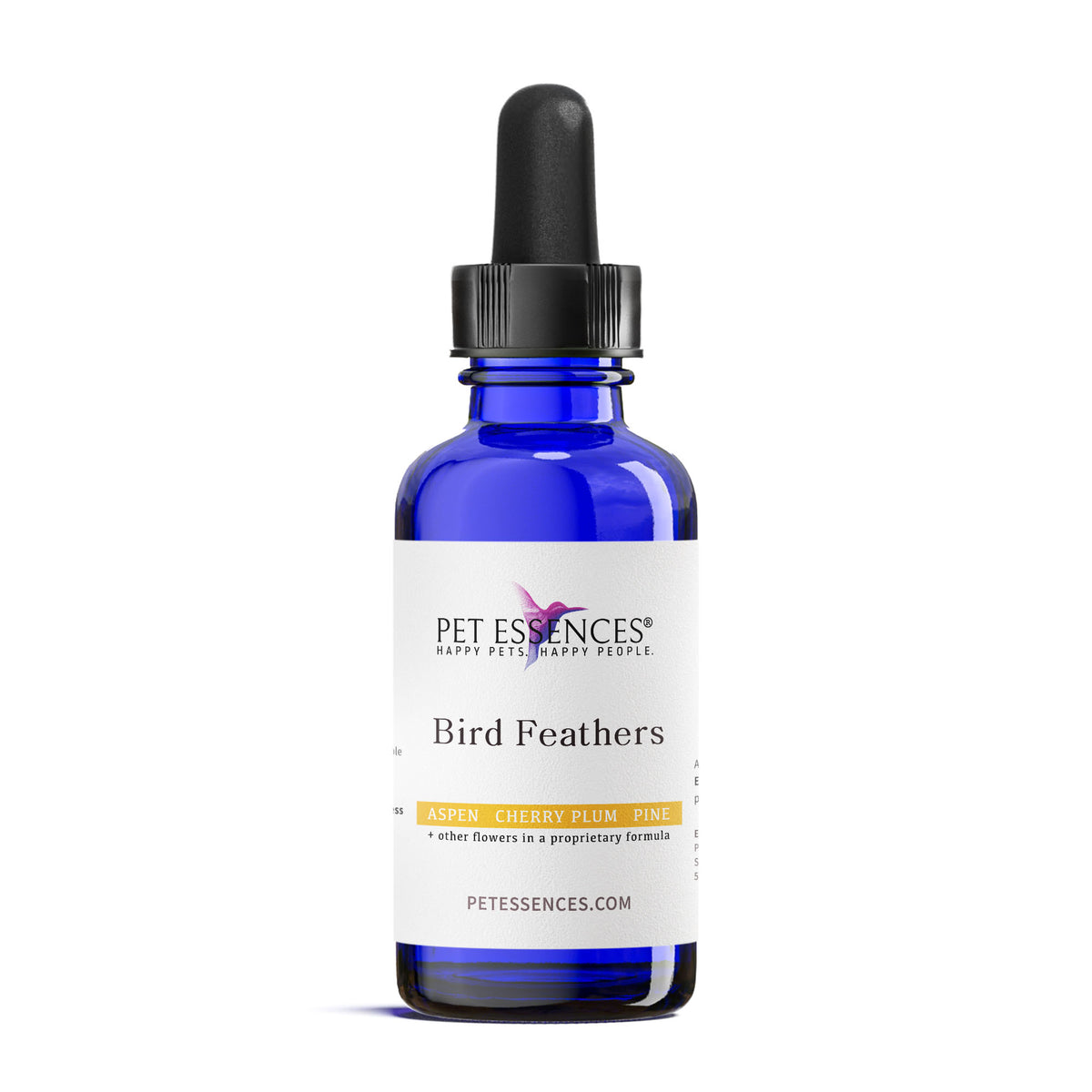 Pet Essences Bird Feathers Formula, flower essence bottle for dogs and cats, front label